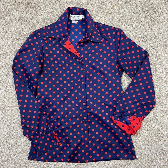 Vintage 70s Shirt Womens 6* Polka Dot Flared Retro Rockabilly Disco Button Down - Picture 1 of 4